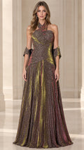 Front view of bronze metallic pleated cross halter evening gown with matching shawl