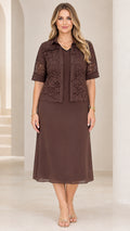 Chocolate Brown two-piece lace jacket midi dress front view on model
