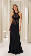 Front view of black halter neck lace maxi evening dress