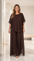 Full front view of women's chocolate brown chiffon capelet top and wide-leg pants set