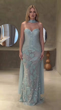 Dusty blue strapless sweetheart mermaid evening gown with floral beading and choker cape - front view