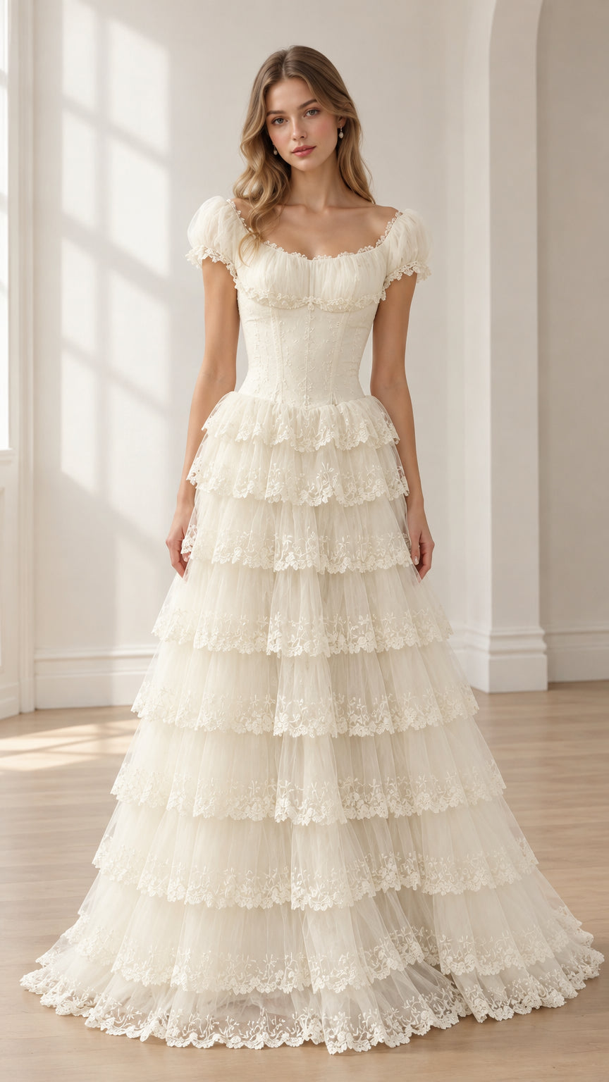 Front full-length view of woman wearing ivory tiered lace corset maxi dress