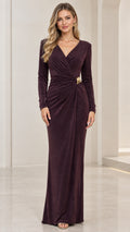 Front view of model wearing burgundy long sleeve shimmer maxi evening gown with ruched waist buckle