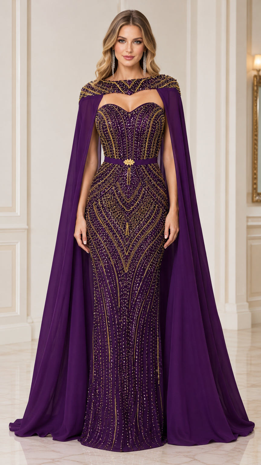 Purple embellished sweetheart evening gown with long cape front view
