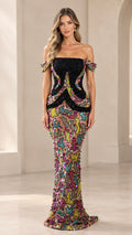 Front view of black beaded off-the-shoulder mermaid gown with colorful sequin mosaic skirt