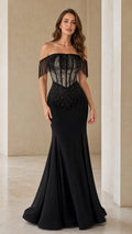 Front view of black off-shoulder beaded corset mermaid evening dress