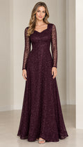Front view of model wearing burgundy long sleeve sequin lace evening gown