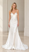 Ivory beaded satin mermaid evening gown with spaghetti straps front view