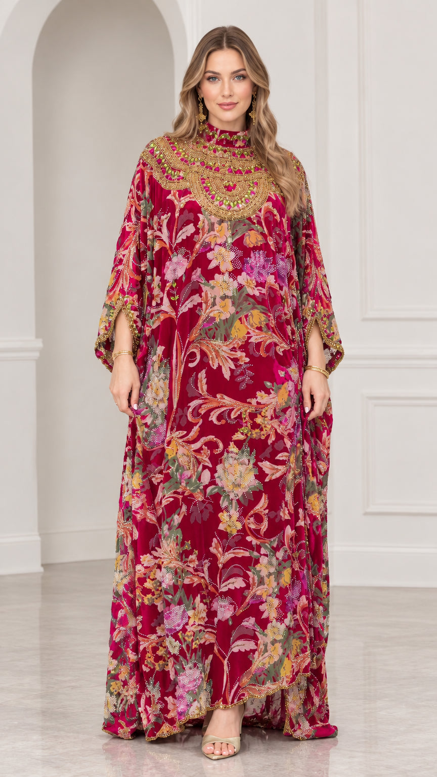 Front view of model wearing Berry Red floral embellished mock neck kaftan maxi dress