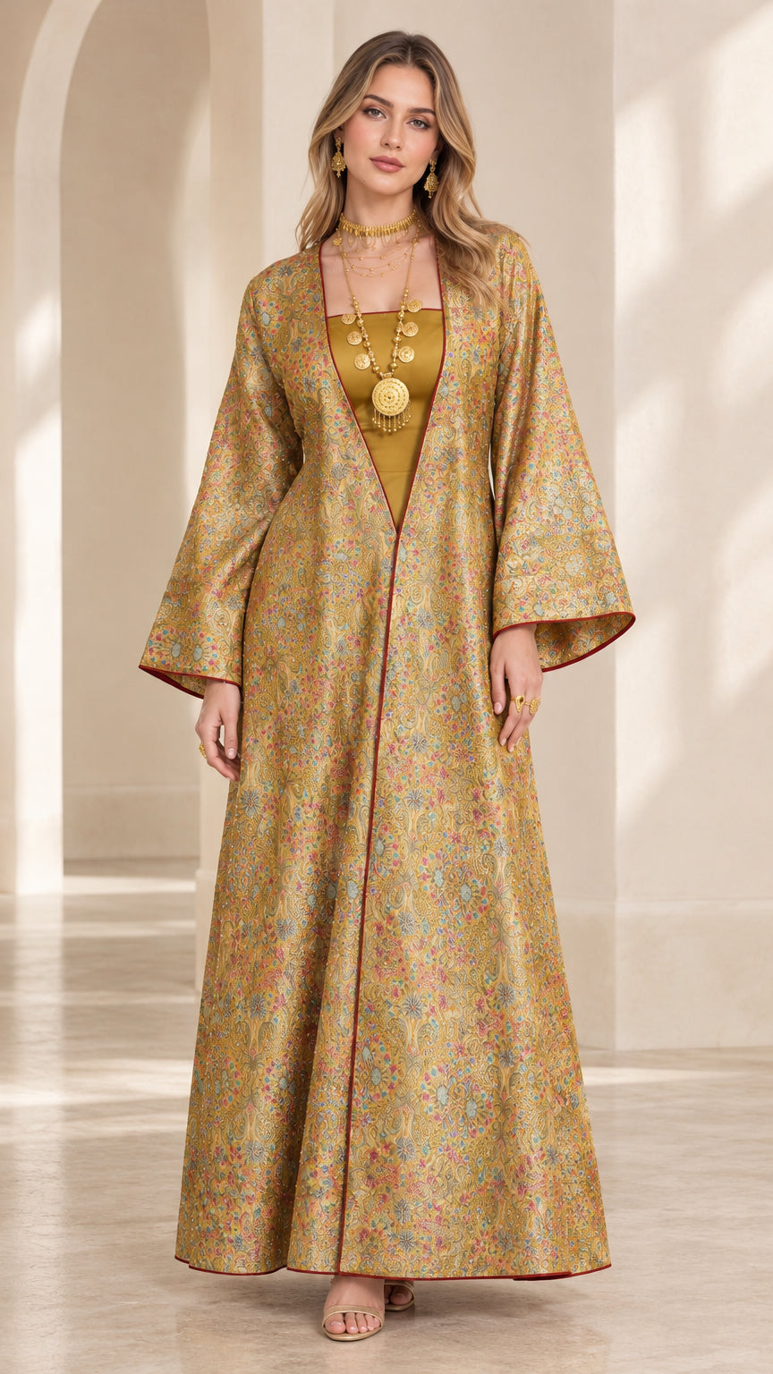 Front full-length view of woman wearing gold floral jacquard open front maxi abaya with bell sleeves