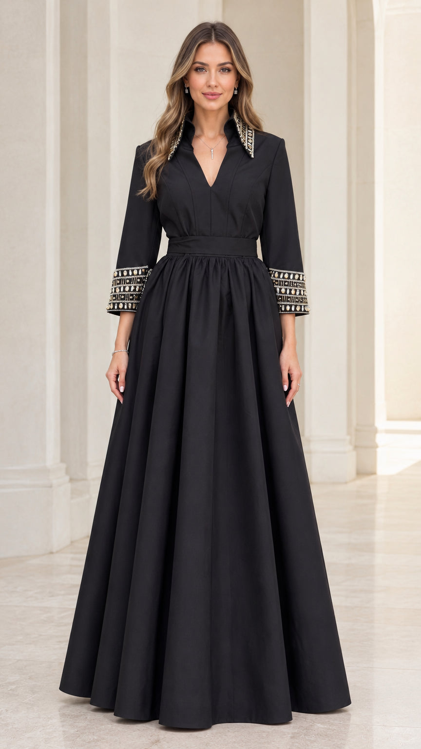 Front full-length view of model wearing black embellished collar A-line maxi dress