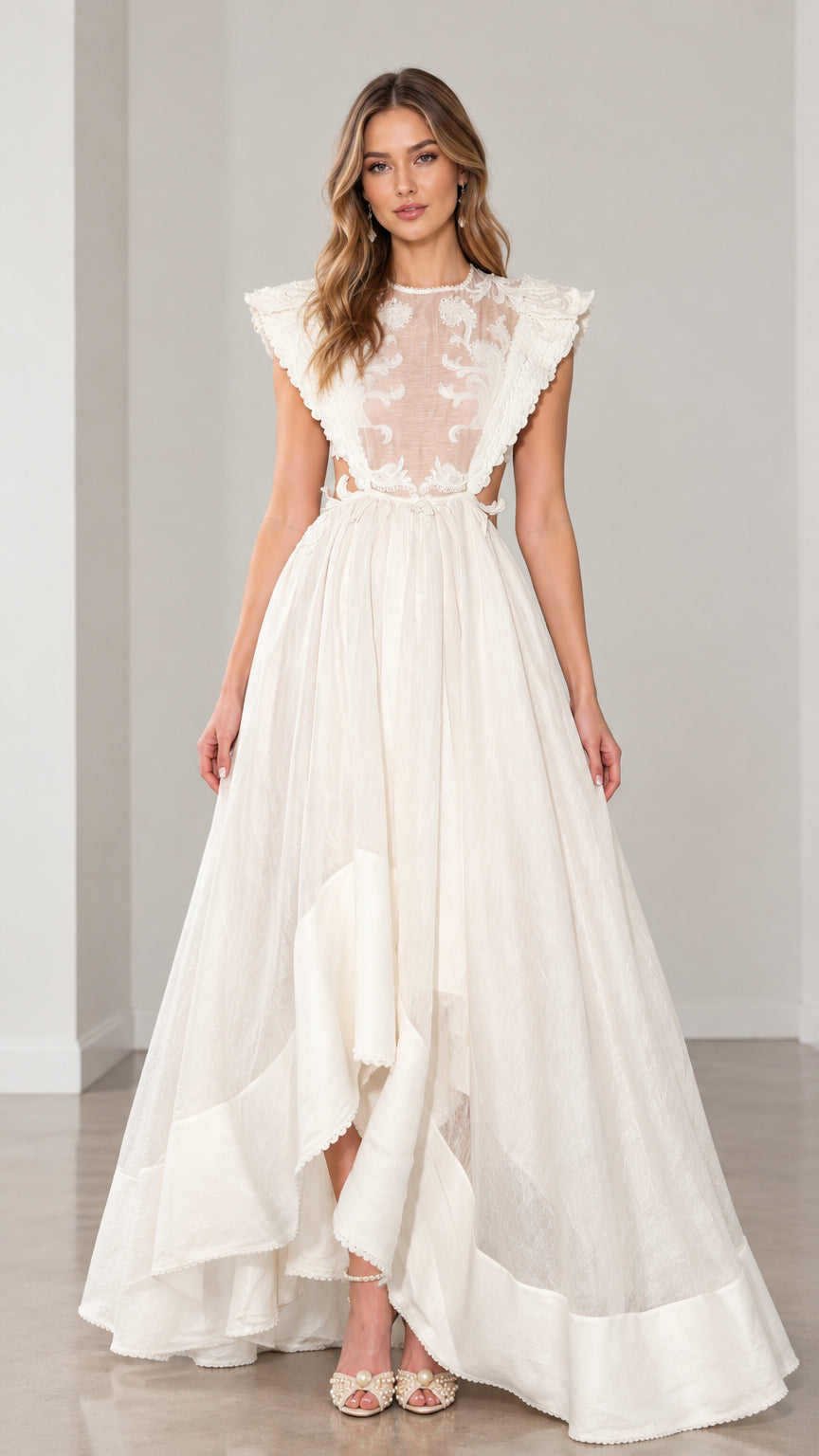 Ivory embroidered illusion bodice cut-out maxi gown front view