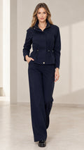 Front view of model wearing Navy Blue utility jacket and wide-leg pants set