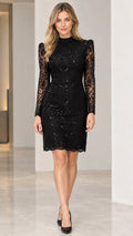 Front view of black long sleeve sequin lace mock neck sheath cocktail dress