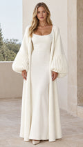 Ivory white square neck maxi dress paired with floor length lantern sleeve cardigan front view