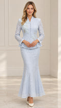 Front view of model wearing Light Blue lace peplum jacket and mermaid maxi skirt two-piece suit