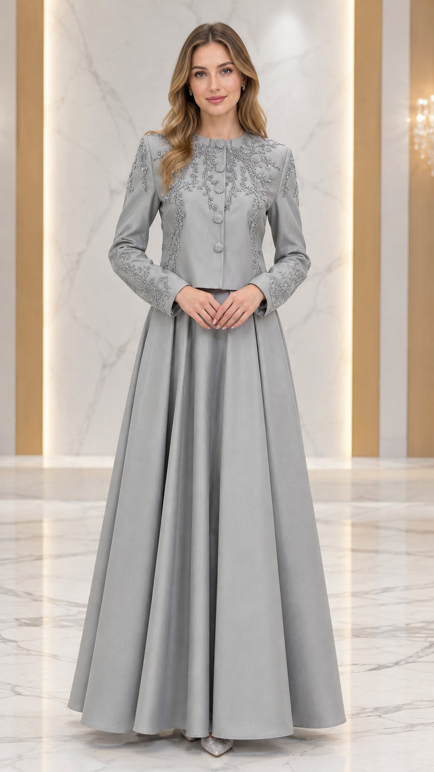 Silver Grey beaded jacket and pleated maxi evening dress front view