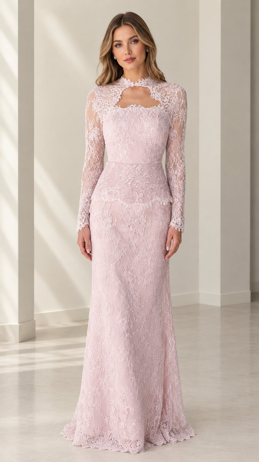 Front full view of woman wearing blush pink long sleeve lace evening gown with cutout neckline