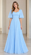 Sky Blue sweetheart flutter sleeve chiffon maxi evening gown front view