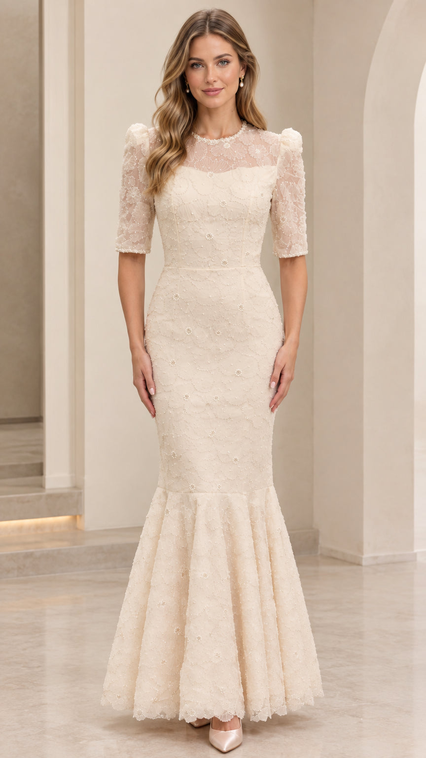 Front view of model wearing cream floral lace mermaid evening gown with half sleeves