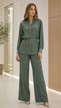 Front view of model wearing sage green geometric print two-piece set