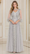 Front full-length view of woman in silver grey embroidered beaded V-neck evening gown