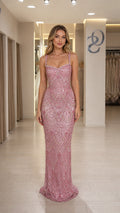 Front view of pink glitter embellished evening gown