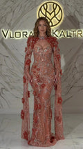 Front view of Dusty Rose 3D floral applique cape evening gown with keyhole neckline