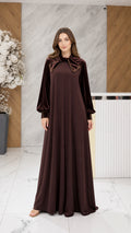 Chocolate brown velvet maxi dress with beaded bow collar front view
