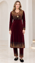 Full front view of women's burgundy velvet tunic and matching straight pants with gold embellishments