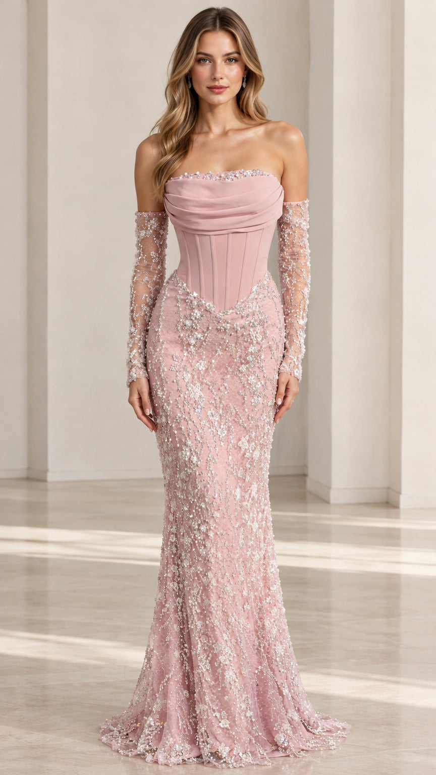 Front view of woman wearing Dusty Pink strapless corset mermaid evening gown with beaded sleeves