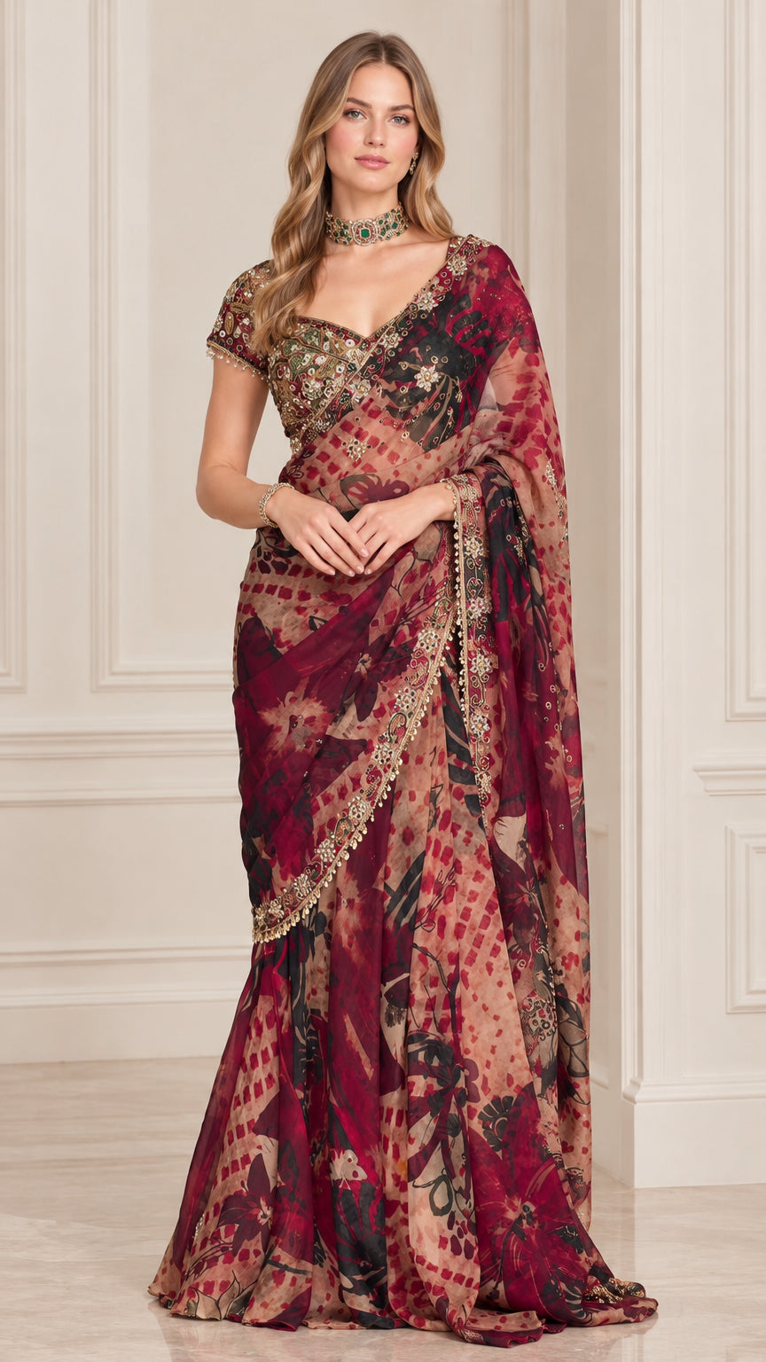 Front view of woman wearing Wine Red floral printed saree with embroidered blouse