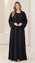Front full view of women's black lace-trimmed modest abaya maxi dress