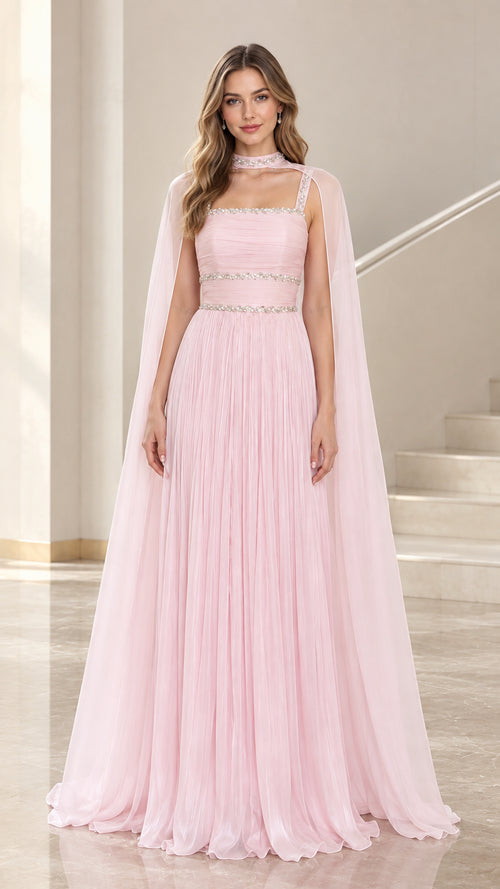 Front view of Light Pink chiffon evening gown with crystal trim and attached cape