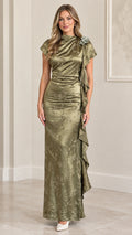 Front view of model wearing Sage Green satin floral jacquard cap sleeve maxi dress with cascading side ruffle