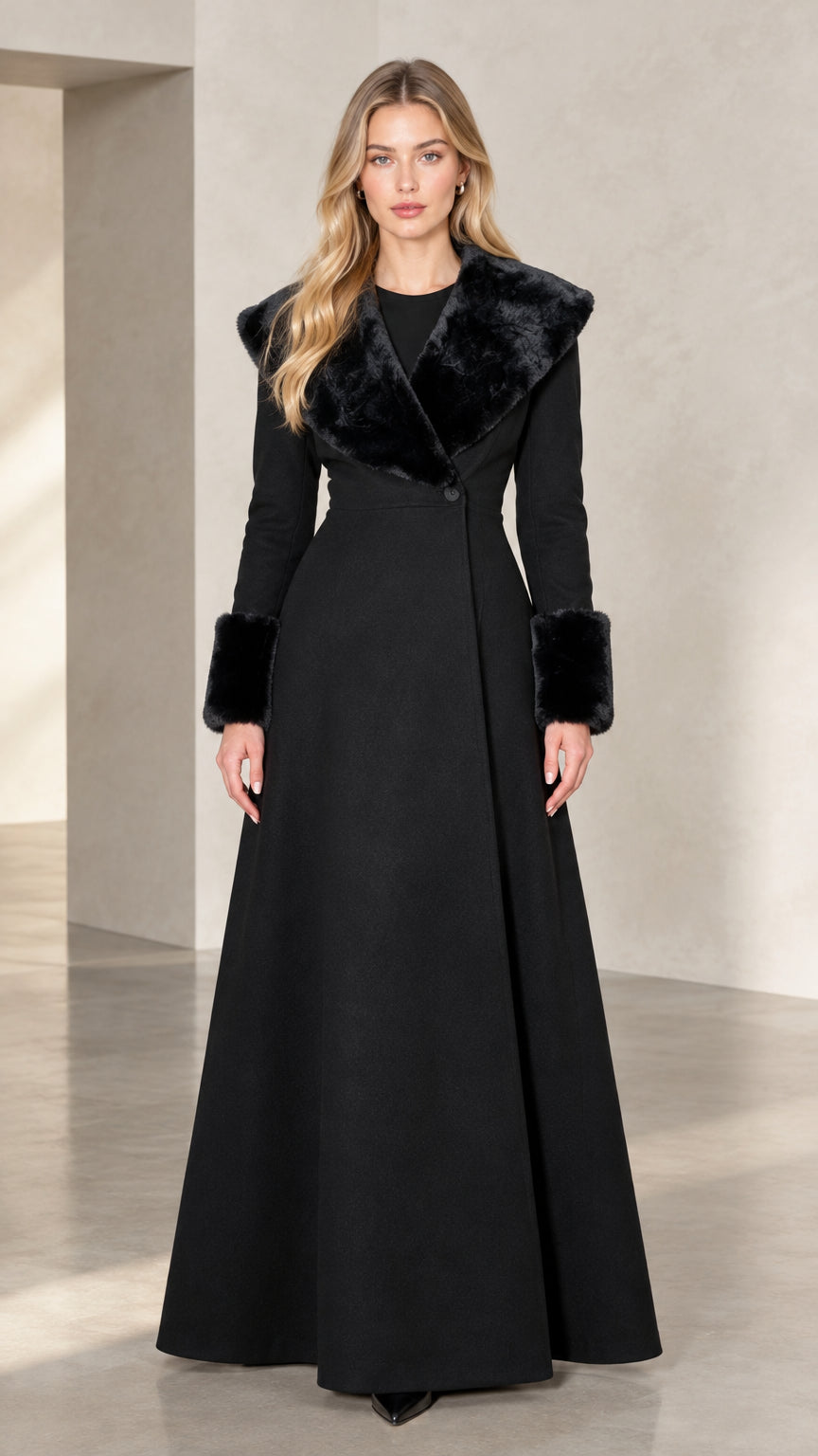 Front full view of black maxi coat with faux fur collar and cuffs
