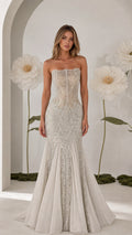 Front view of strapless silver beaded sequin mermaid evening gown