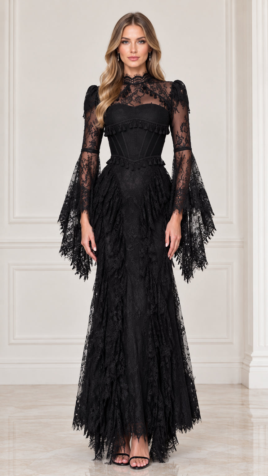 Front view of black high neck lace corset maxi dress with flared bell sleeves