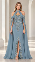 Dusty blue embellished halter neck evening gown with flowing cape front view