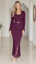 Plum ribbed knit long sleeve maxi dress with lace trim and gold belt front view