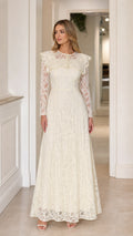 Front full-length view of the Ivory Lace Capelet Maxi Dress