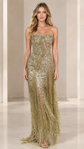 Front full view of woman wearing strapless champagne gold beaded fringe evening gown