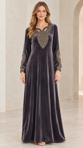 Model wearing Charcoal Grey embellished velvet maxi dress front view