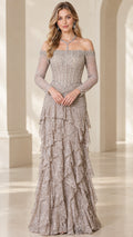 Taupe off-the-shoulder beaded corset lace evening gown with long sleeves and tiered ruffle skirt - Front view