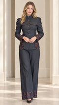 Full front view of charcoal grey mandarin collar jacket and wide-leg pantsuit set with floral jacquard trim