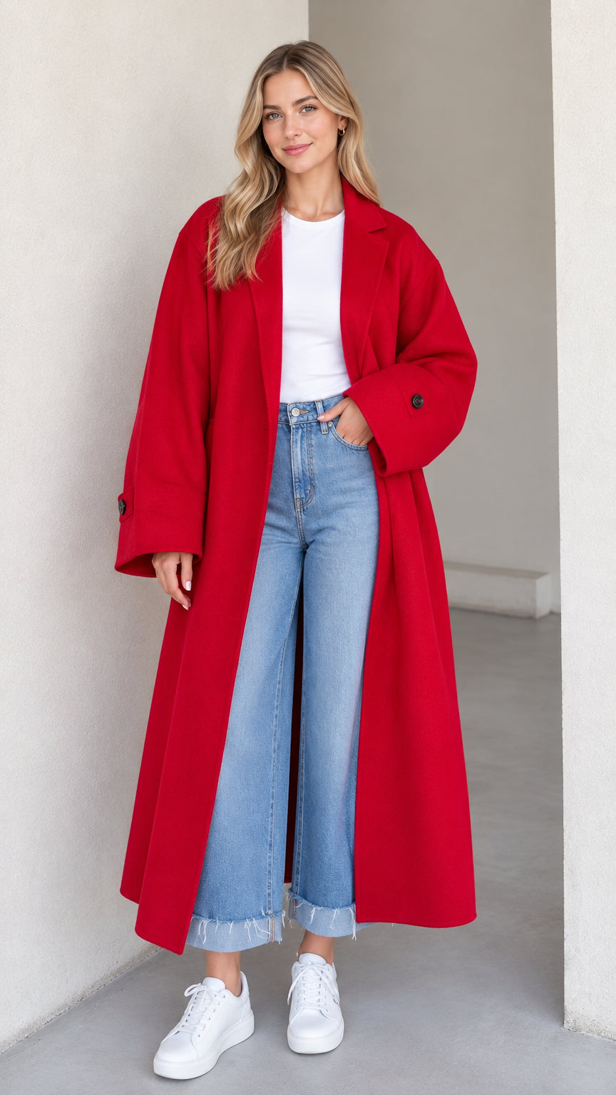 Front full-length view of model wearing a bright red oversized maxi coat with jeans and white sneakers