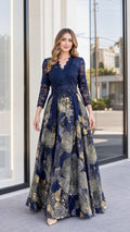 Navy blue lace and metallic gold jacquard floor length evening gown front view