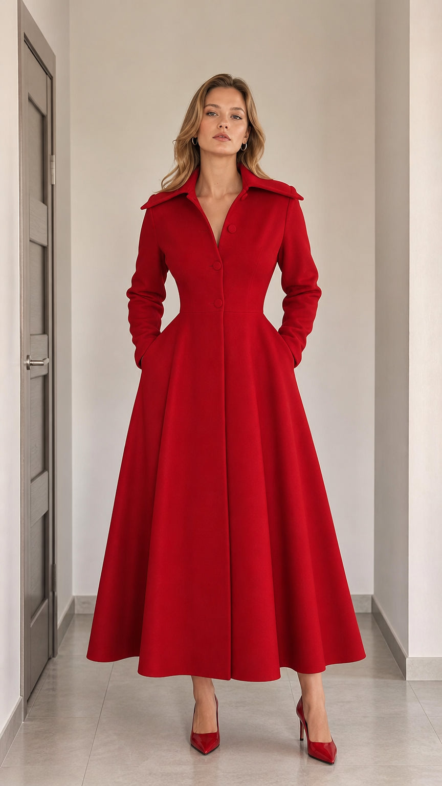 Front full-length view of woman wearing Red vintage corset maxi dress coat
