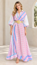 Front view of woman wearing pink multi striped collared maxi dress with belt