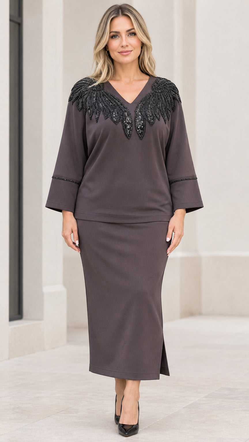 Front full view of charcoal grey sequin-embellished top and maxi skirt two-piece set